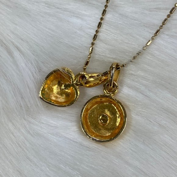 18KGP 2-Strand Necklace Gold Tone Rhinestone Heart Pendant 16" - Picture 6 of 8